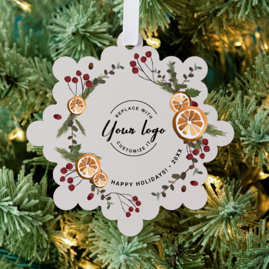 ホリー乾燥オレンジの葉ビジネスのロゴクリスマス オーナメントカード (インサイチュ (木))