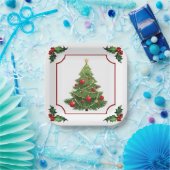 ホリー付きクリスマスツリー ペーパープレート (パーティー)