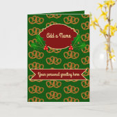 ホリー付きクリスマスプレッツェルパターン:独自の文字を追加 カード (黄色い花)