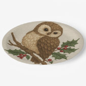 ホリー付き刺繍クリスマスフクロウ素朴 ペーパープレート (アングル)