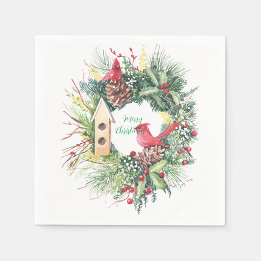 ホリー付き水彩色クリスマスリース スタンダードカクテルナプキン (正面)