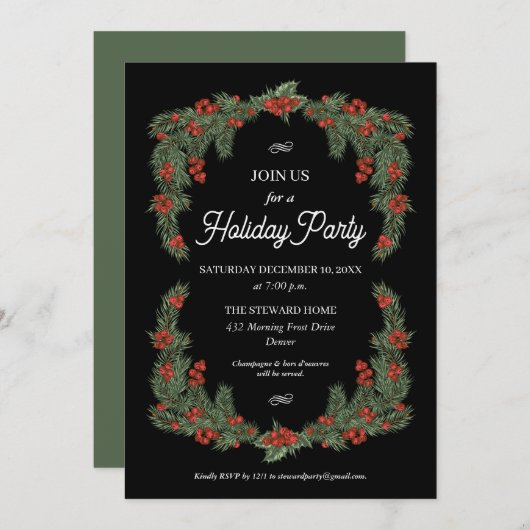 ホリー伝統的ガーランドグリーンレッドホリデーパーティー 招待状 (正面/裏面)