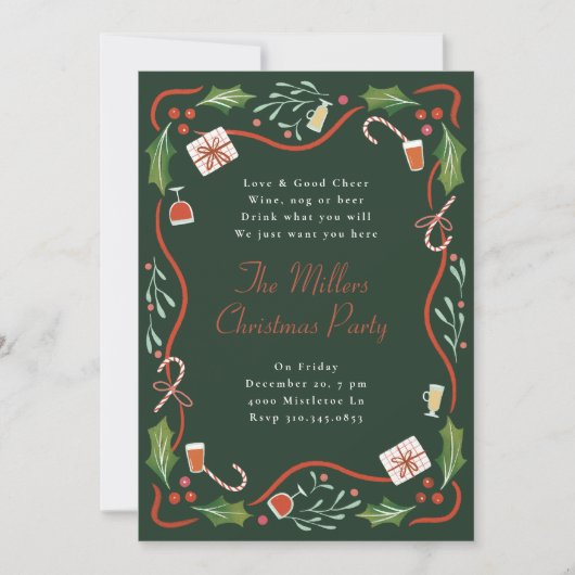 ホリー図解入りの、写真付きのクリスマスフレームホリデーパーティー 招待状 (正面)