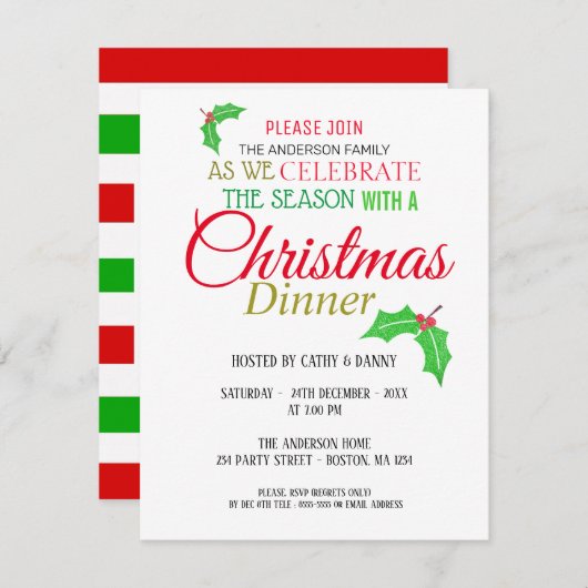 ホリー招待状葉スクリスマスディナー 招待状 (正面/裏面)