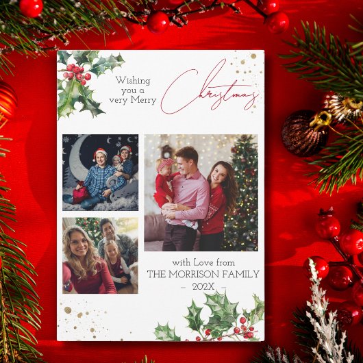 ホリー枝のモダンクリスマスフォト シーズンカード