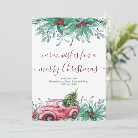 ホリー植物ミストレとレッドトラッククリスマス シーズンカード (スタンド正面)