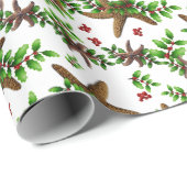 ホリー熱帯性クリスマスパターンホワイトのヒトデ ラッピングペーパー (ロールコーナー)