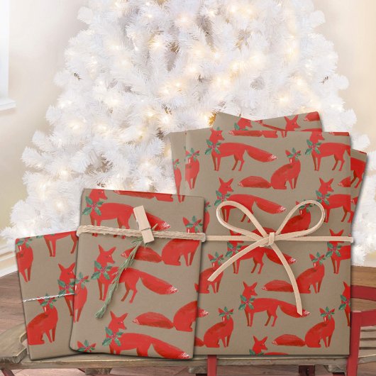 ホリー素朴デートに赤いキツネをクラフト ラッピングペーパーシート