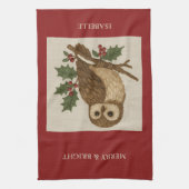 ホリー素朴付き刺繍クリスマスフクロウ キッチンタオル (縦)