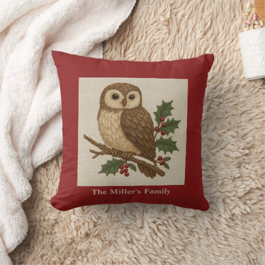 ホリー素朴付き刺繍クリスマスフクロウ クッション (ブランケット)