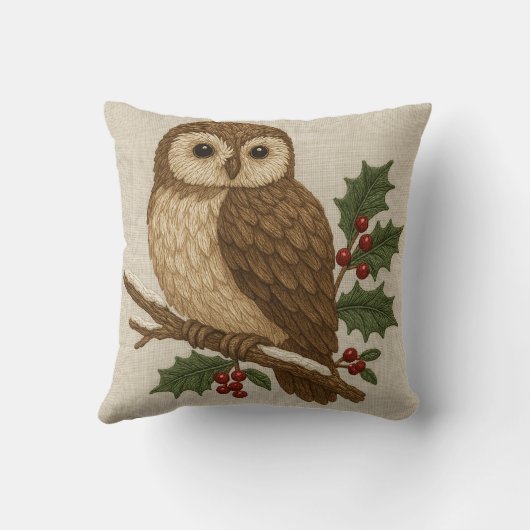 ホリー素朴付き刺繍クリスマスフクロウ クッション (裏面)