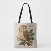 ホリー素朴付き刺繍クリスマスフクロウ トートバッグ (正面)