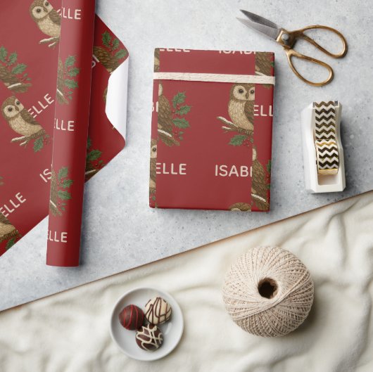 ホリー素朴付き刺繍クリスマスフクロウ ラッピングペーパー (クラフト)