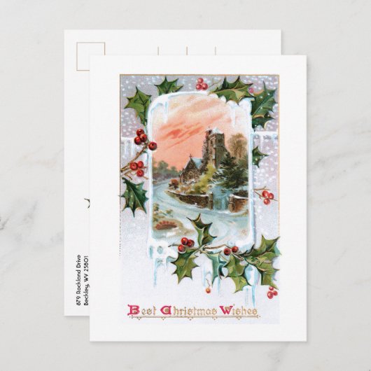 ホリー素朴付き趣のあるヴィンテージ冬の風景 ポストカード (正面/裏面)