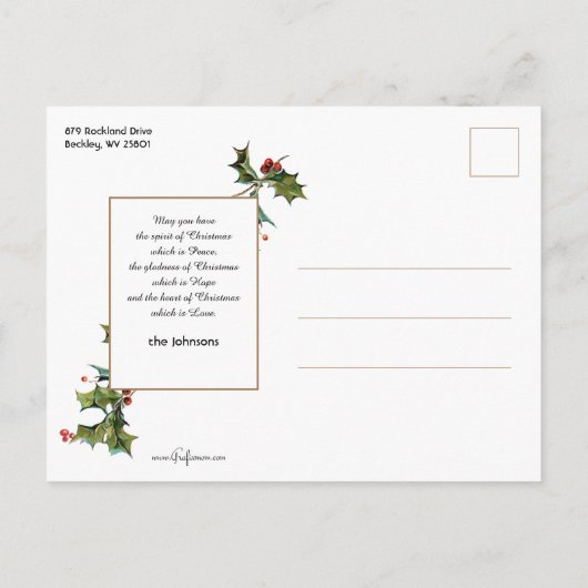 ホリー素朴付き趣のあるヴィンテージ冬の風景 ポストカード (裏面)