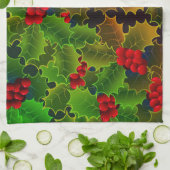 ホリー葉ベリ白熱［赤熱］光を放つの暖炉の赤 キッチンタオル (折り畳み)