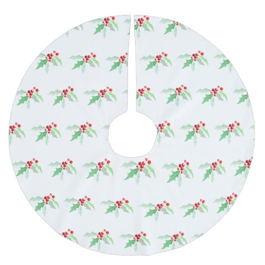 ホリー赤い果実クリスマスの水色の緑の赤 ブラッシュドポリエステルツリースカート (正面)