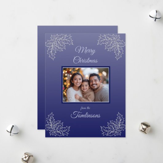 ホリー離れスパター写真青クリスマス シーズンカード (正面/裏面インサイチュ)