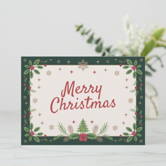 ホリー&スノーフレーク – ヴィンテージメリークリスマス シーズンカード (スタンド正面)