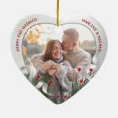 ホリー&パインシルバーフレーム写真新婚夫婦1クリスマス セラミックオーナメント (裏面)