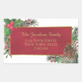 ホリー&パインレッド&金ゴールドホリデー差出人住所 長方形シール (正面)