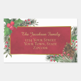 ホリー&パインレッド&金ゴールドホリデー差出人住所 長方形シール