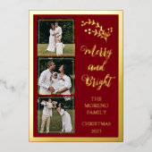 ホリー |ベリーのクリスマス4メリー写真と明るい 箔シーズンカード (正面)