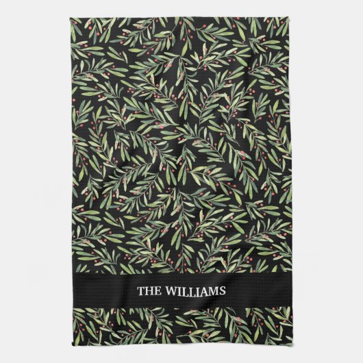 ホリー&ベリーオンブラックホリデークリスマス キッチンタオル (縦)