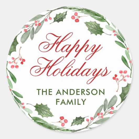 ホリー・ベリー・ウォーターカラー・クリスマス ラウンドシール (正面)