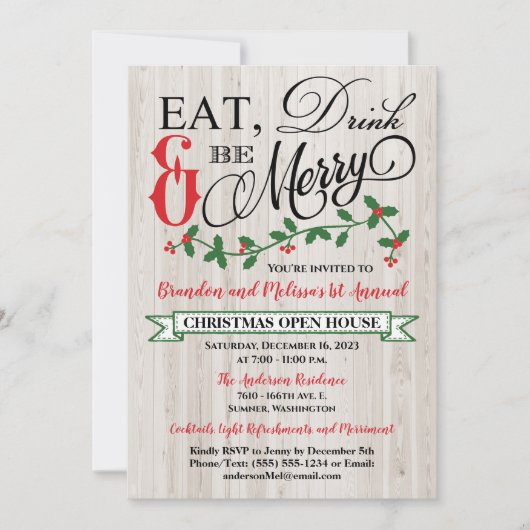 ホリー、ベリー、食べて、飲んで、楽しいパーティを 招待状 (正面)
