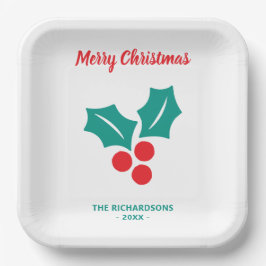 ホリー メリークリスマス 赤 白 緑 カスタムネーム ペーパープレート