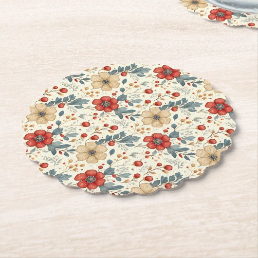 ホリー&レッドベリー付きヴィンテージクリスマスフローラ ペーパーコースター (アングル)