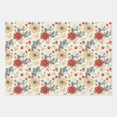ホリー&レッドベリー付きヴィンテージクリスマスフローラ ラッピングペーパーシート (正面3)