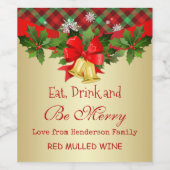 ホリー、金の鐘と雪片クリスマス ワインラベル (シングルラベル)
