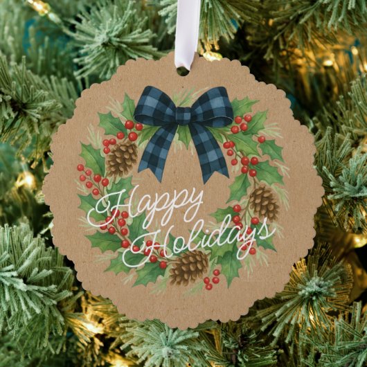 ホリ素朴ーリースブルーブラック市松模様にボーウ オーナメントカード (インサイチュ (木))