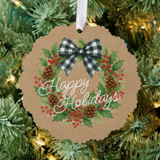 ホリ素朴ーリースホワイトブラック市松模様にボーウ オーナメントカード (インサイチュ (木))