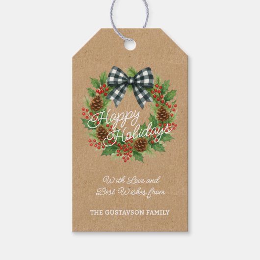 ホリ素朴ーリースホワイトブラック市松模様にボーウ ギフトタグ (正面)