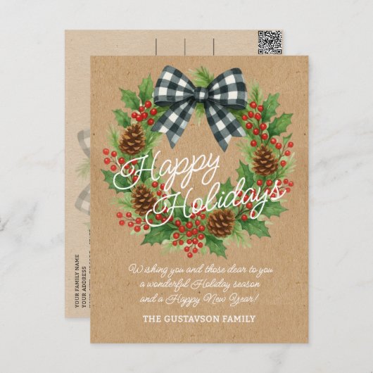 ホリ素朴ーリースホワイトブラック市松模様にボーウ シーズンポストカード (正面/裏面)