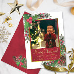 ホリ素朴ー&パイン写真付きメリークリスマス シーズンカード<br><div class="desc">これらの美しいホリデーカードは、あなたの友人や家族にメリークリスマスを望む完璧な方法である。彼らは赤紅色のマーリングを背景にした素朴でフェスティバルのデザインを備え、あなたの写真はホリーのフェイク、ベリーと松の枝の手のスプリグに囲まれた金のホイルのフレームです絵を描。タイトルは書短いあいさつ用のスペースと署名とフェスティバル台本の書道にある。</div>