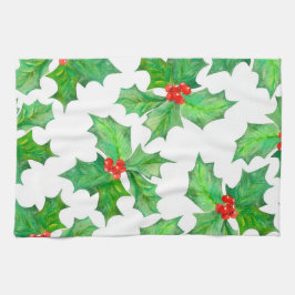 ホリ葉ーフローラ、ベリー、赤、緑のクリスマス キッチンタオル