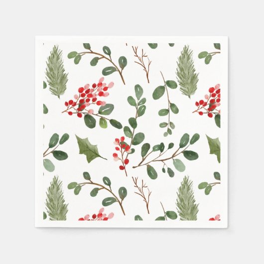 ホリ葉ーベリーホリデーウォーターカラーパターン スタンダードカクテルナプキン (正面)