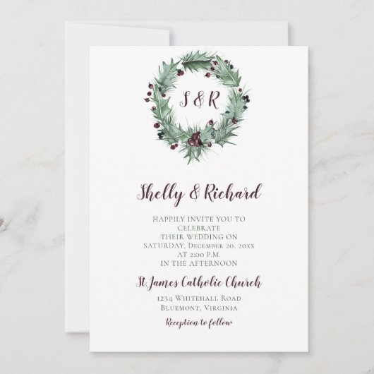 ホリ葉ーリース、ベリー、シダの冬の結婚式 招待状 (正面)