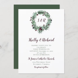 ホリ葉ーリース、ベリー、シダの冬の結婚式 招待状