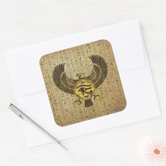 ホルスのエジプトの目 – Wadjet金ゴールドと木材 スクエアシール (封筒)