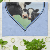 ホルスタインカウアンドキュートカーフブルーハート キッチンタオル (折り畳み)