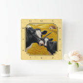 ホルスタイン牛と子牛の農場黄 スクエア壁時計 (ホーム)