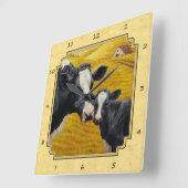 ホルスタイン牛と子牛の農場黄 スクエア壁時計 (傾斜)