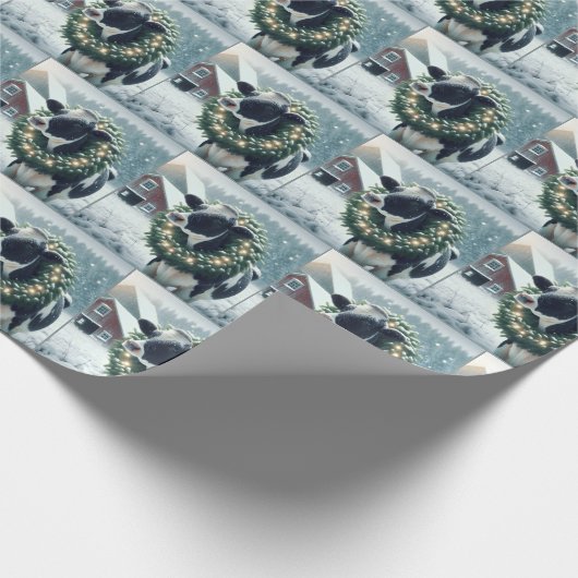 ホルスタイン牛の白熱［赤熱］光を放つクリスマスリース ラッピングペーパー (角)