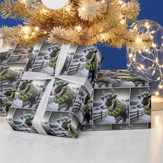 ホルスタイン牛の白熱［赤熱］光を放つクリスマスリース ラッピングペーパー (クリスマス)