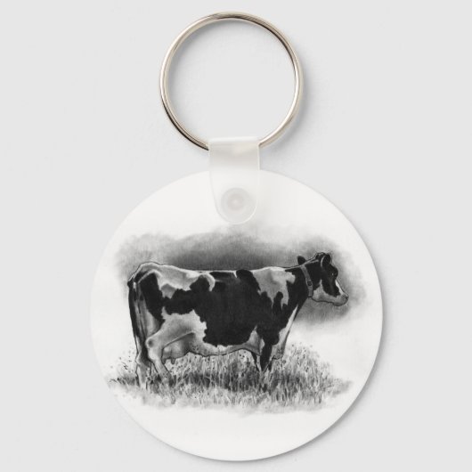 ホルスタイン牛:オリジナル鉛筆スケッチ:乳製品 キーホルダー (正面)